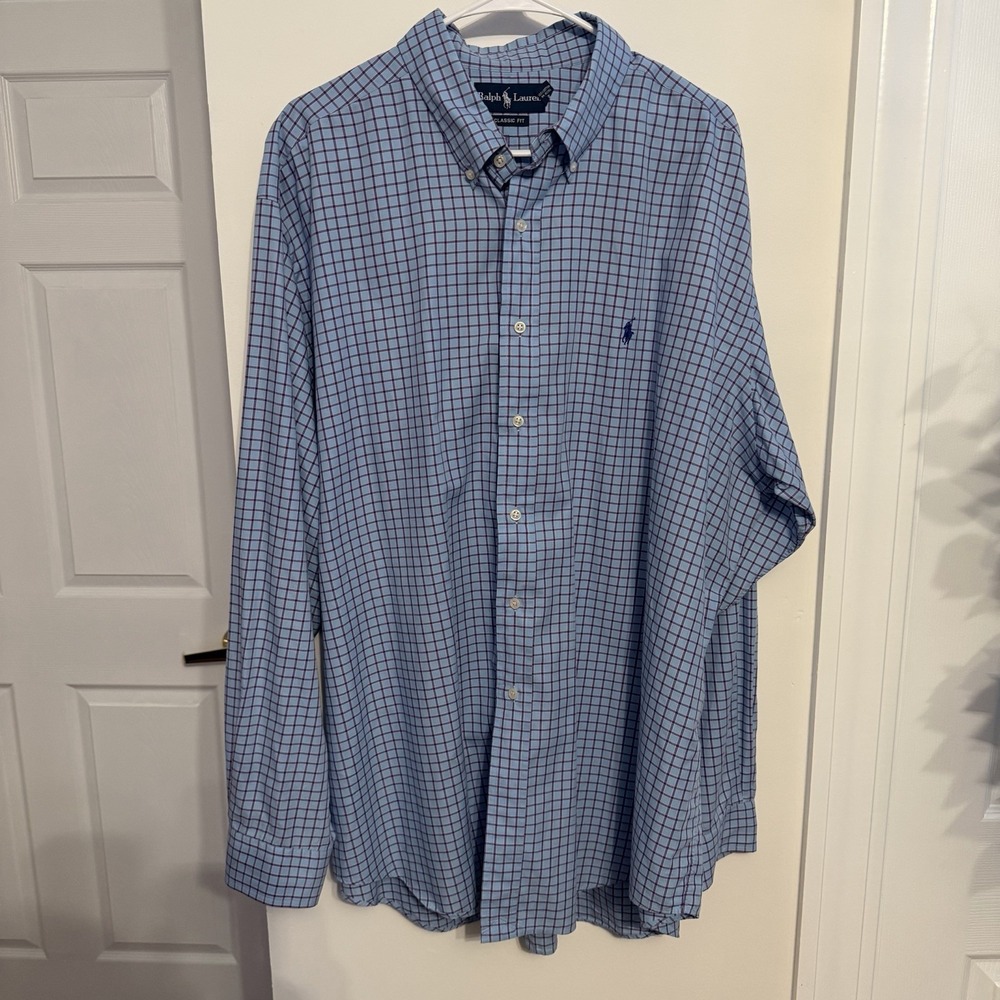 Ralph Lauren Classic Fit Men's Blue Red Check Cotton Button-Down Shirt XXL